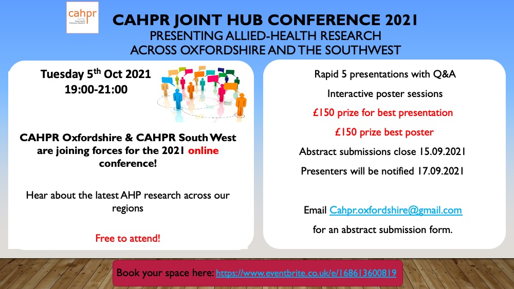 CAHPR Oxfordshire (@cahproxford) on Twitter photo We are excited to be co-hosting this year's conference with <a href="/CAHPRsouthwest/">CAHPR South West</a>!
Tuesday 5th October, 19:00 - 21:00
Tickets are FREE and are available at eventbrite:
eventbrite.co.uk/e/168613600819
Contact us at Cahpr.oxfordshire@gmail.com for an abstract submission form. We are excited to be co-hosting this year's conference with <a href="/CAHPRsouthwest/">CAHPR South West</a>!
Tuesday 5th October, 19:00 - 21:00
Tickets are FREE and are available at eventbrite:
eventbrite.co.uk/e/168613600819
Contact us at Cahpr.oxfordshire@gmail.com for an abstract submission form.