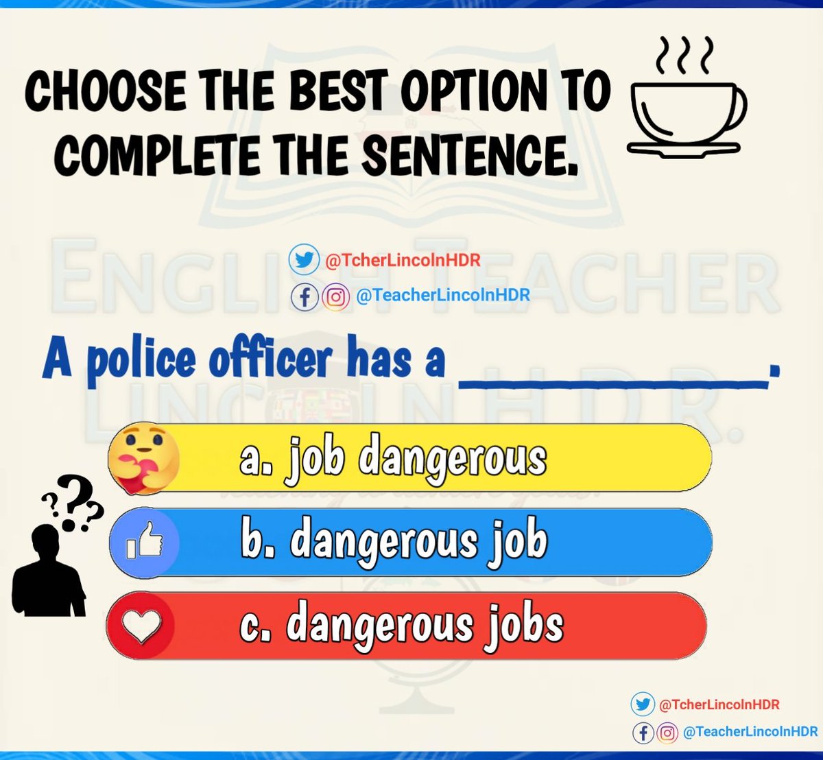 TcherLincolnHDR's tweet image. Let&apos;s practice!

#testyourengilsh #letspractice #letspractise #jobs #teacherlincolnhdr #practiceenglishonline #tcherlincolnhdr #englisheverywhere