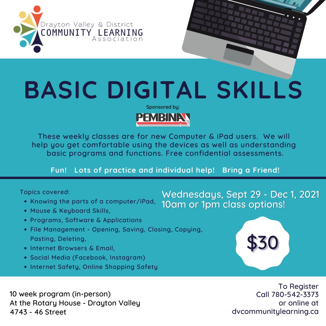 DVCommLearning's tweet image. Announcing the return of Digital Skills Classes!  These are basic technology classes will boost your #confidence with file management, online tasks, safety and working in a Windows environment!  Bring a friend!⁠
⁠
#dvdcla #adultlearning #draytonvalley #brazeaucounty