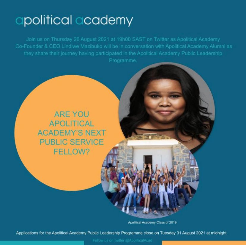 rivpillay's tweet photo. Join this Twitter Space at 7pm!
Applications still open.
@ApoliticalAcad @LindiMazibuko @sthembete @NonduMbambo #courageousservice #SouthAfrica https://t.co/6h9cteEfEB