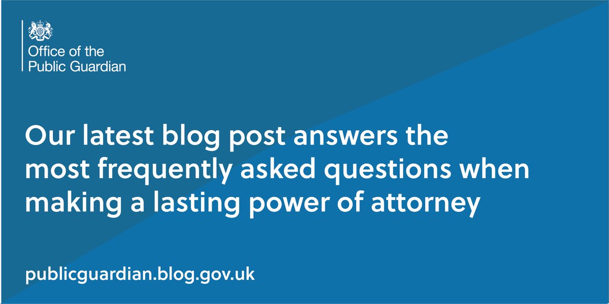 In our latest blog post, we answer some of the most frequently asked questions when it comes to making a lasting power of attorney. 

To read the article in full, go to our blog site 💻 publicguardian.blog.gov.uk/2021/08/26/cre…