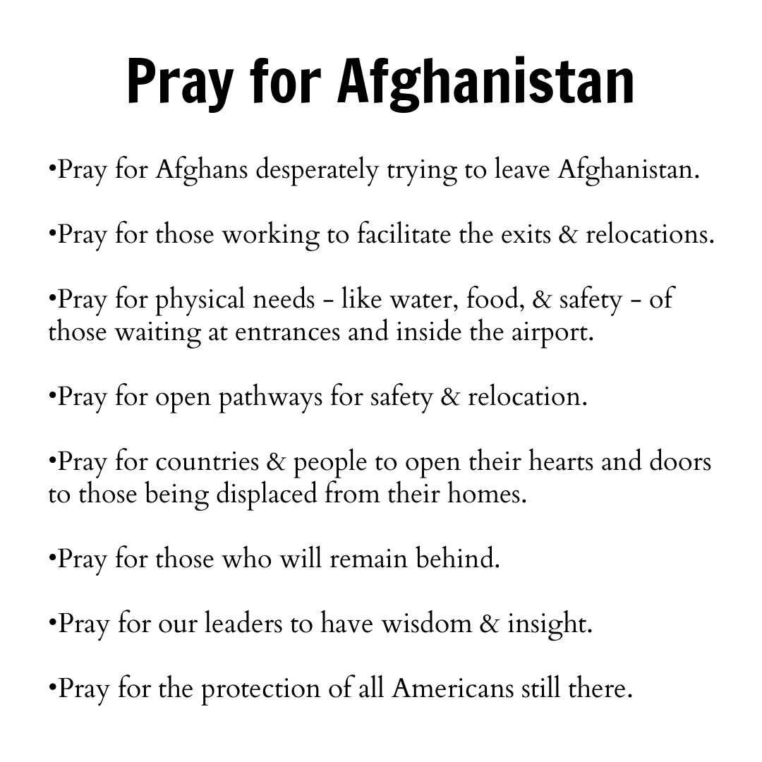 My heart is heavy over circumstances in Afghanistan. Earlier, my pastor emailed some prayer prompts to our church. I added a few. LET'S PRAY TOGETHER. Reply with your prayers. This isn't political, just intercession with God for those in crisis.
#PrayForAfghanistan #timetopray