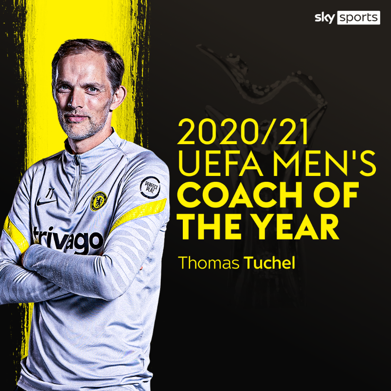 SkySportsNews's tweet photo. Thomas Tuchel has been named the #UCL Men's Coach of the Year, with Lluis Cortes picking up the award for Women's Coach of the Year.