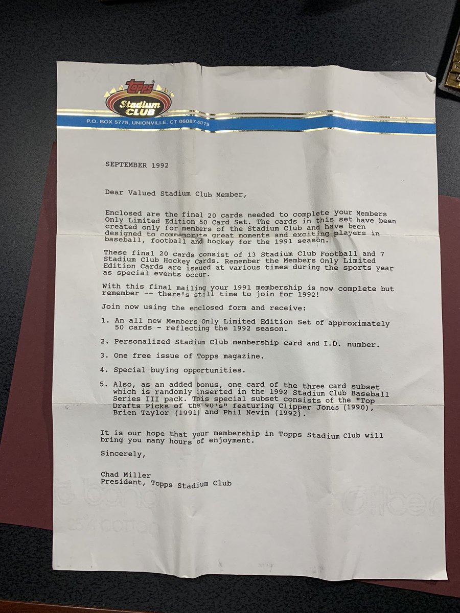 collectorfix's tweet photo. My 1992 @Topps Stadium Club Club renewal letter & 1991 Inaugural Charter Member Issued swag.
I keep stuff….lol.
The Nolan Ryan Medallion has weight.
Wherefore art thou Chad Miller?🤔
#topps #thehobby #stadiumclub #chadmiller #sportscards @yanxchick @tradercracks @collectorfix https://t.co/6yWQ7Uuaf7