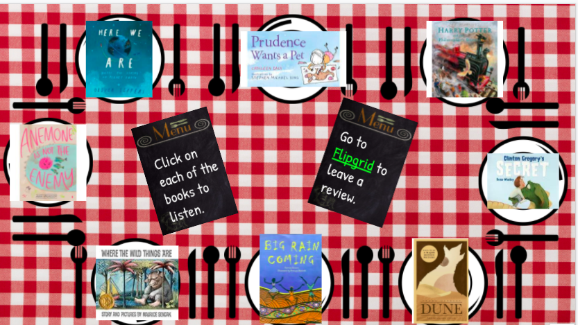 BeckKeough1's tweet photo. I'm so excited to be sharing my virtual book tasting with Year 4 tomorrow! Teachers from our school shared their favourite books and I have 'served them up' for Year 4 to consume tomorrow! https://t.co/qebd5PLTv9