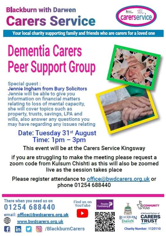 Jennie Ingham from <a href="/BurysSolicitors/">Burys Solicitors</a> will be able to give you #information on #financial matters relating to loss of mental capacity, she will cover topics such as property, #trusts, #savings, #LPA &amp; wills

OPEN TO ALL CARERS

Register at office@bwdcarers.org.uk or
01254 688440