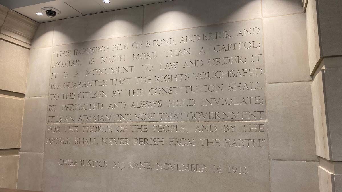 ManhattanBuild's tweet photo. As the Rehabilitation of the @CapitolRestore project draws to a close, Manhattan's team is installing some final finishes of a limestone wall inscribed with a quote from Chief Justice MJ Kane describing the Capitol’s role and its guarantee to Oklahoma’s citizens. #FSBae https://t.co/xU9zhoRjqf
