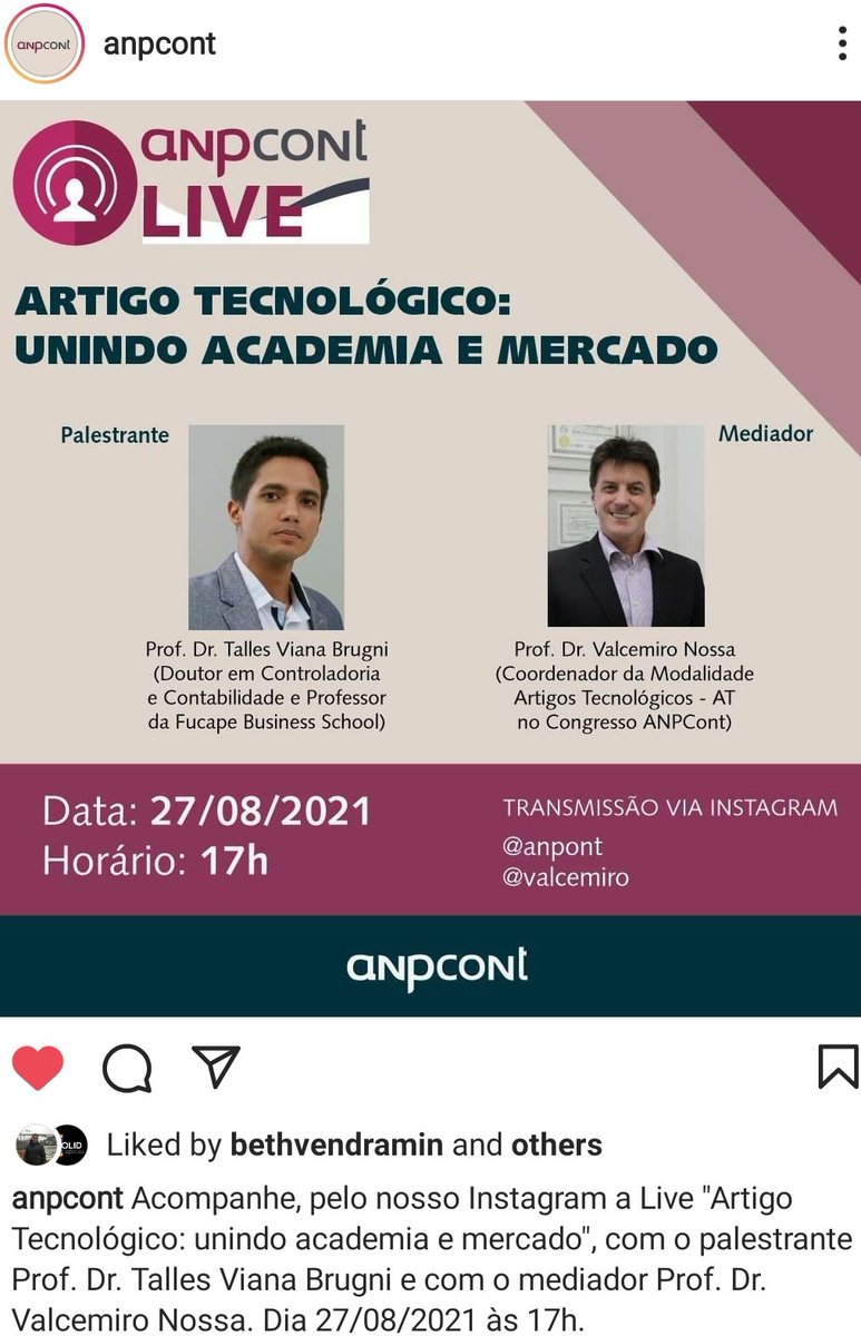 zeelias_almeida's tweet photo. Precisamos aproximar academia e mercado na #Contabilidade. O XV Congresso #ANPCont tem uma área de Artigos Tecnológicos que são submetidos por autores que estão no mercado. Nesta 6a feira teremos uma live no Instagram da ANPCont p/ falar sobre isso. Participem! #mercado #ciencia https://t.co/qk5URAVicy