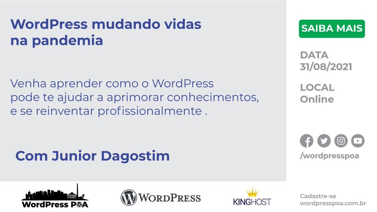 wordpresspoa's tweet image. WordPress mudando vidas na pandemia

Venha aprender como o WordPress pode te ajudar a aprimorar conhecimentos, e se reinventar profissionalmente.

meetup.com/wp-poa/events/…

Com Junior Dagostim #meetup #wordpress #wordpresspoa
