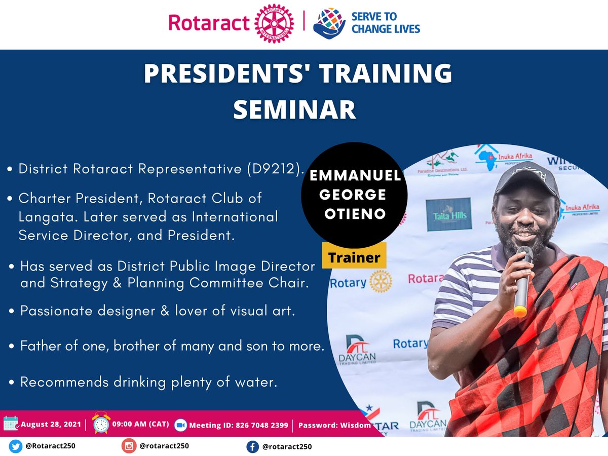 Rotaract250's tweet photo. We promised to unveil details about our awesome trainers ahead of the #Rotaract250Training this Saturday, so here we go! Join us as we learn, re-learn and unlearn with District Rotaract Representative, @Rotaract_D9212, @ego1_3. He will share about, 'Leading Rotaractors'. https://t.co/1UgmNdp50n