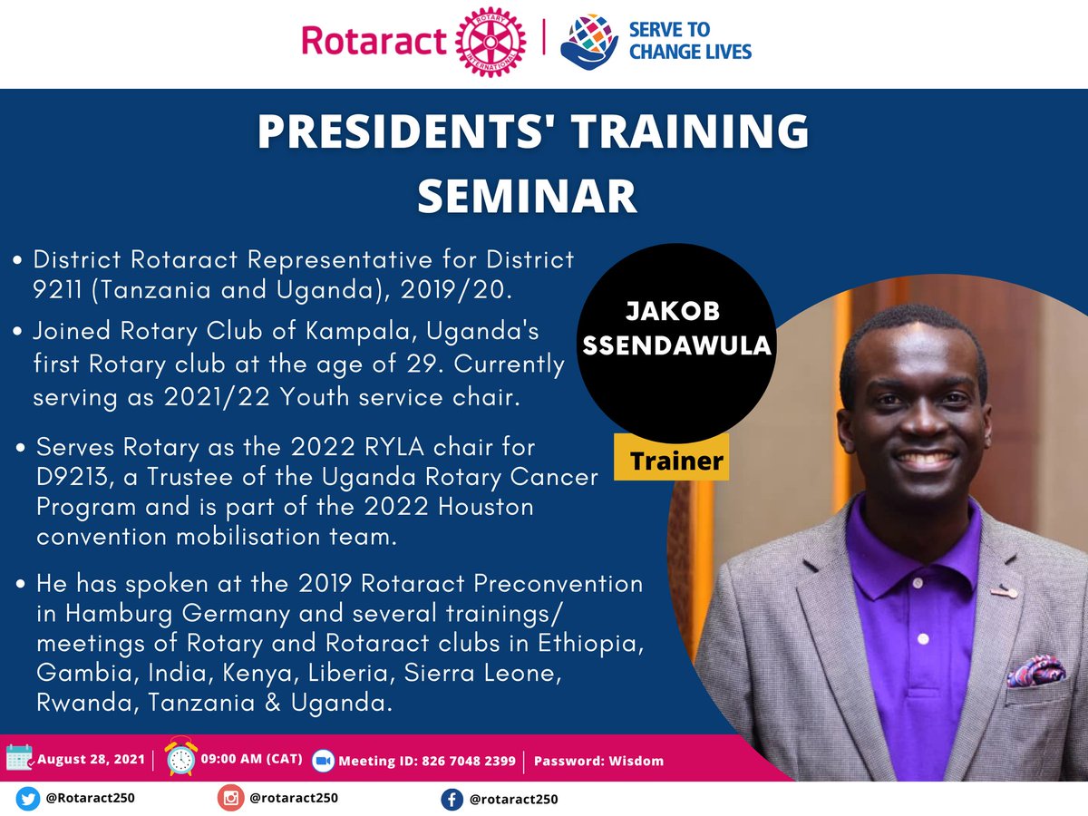 Rotaract250's tweet photo. We will also have @ssenda_, the Immediate Past District Rotaract Representative, the then @Rotaract_D9211. He will be sharing wisdom on how best #Rotaract leaders effectively plan throughout the Rotary Year. Expect cool stuff! π
#Rotaract250Training, #ServeToChangeLives https://t.co/jSmDD9HKKy