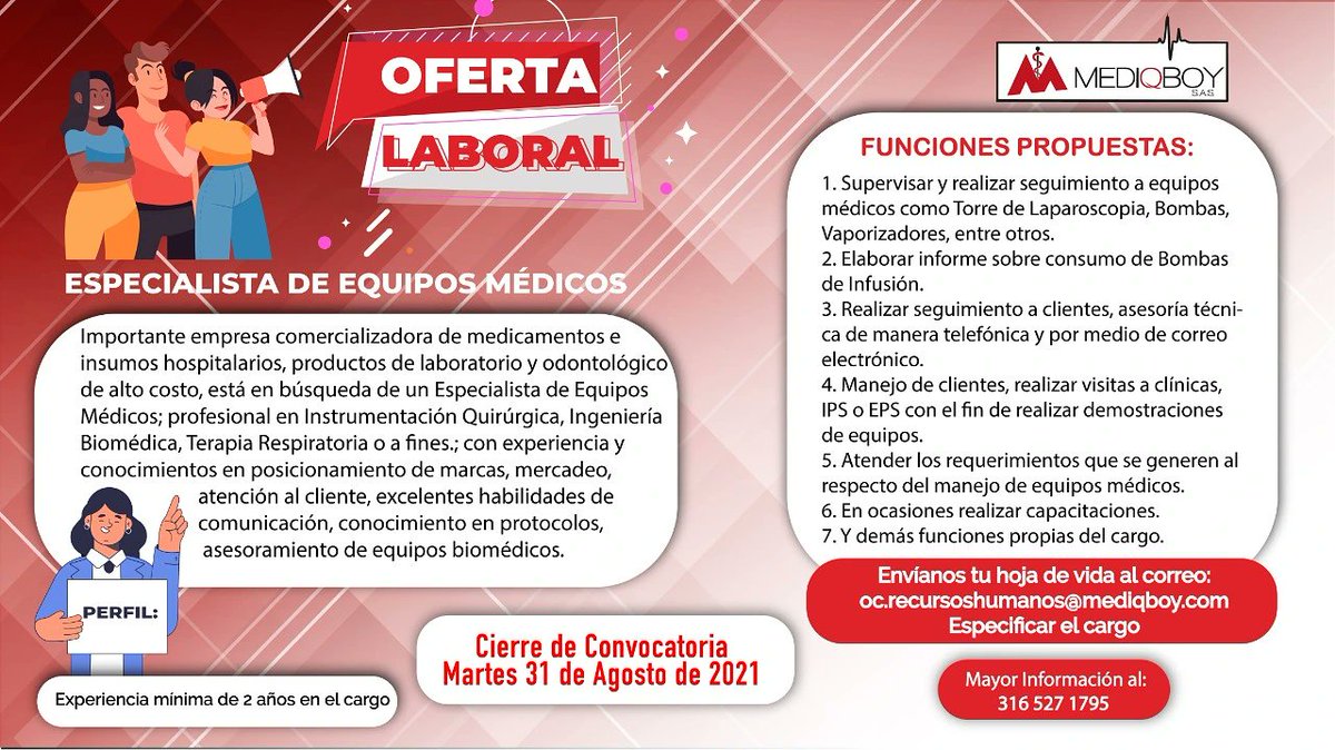 mediqboy's tweet photo. 📢 Oferta Laboral❗️

👉 Buscamos el mejor talento humano👈

✉️ Envíanos tu hoja de vida al correo:
oc.recursoshumanos@mediqboy.com.
(Indicar en el asunto el cargo al cual se postula)

💊 Mas información 💊
316 527 1795 https://t.co/lvYhtnRI2j
