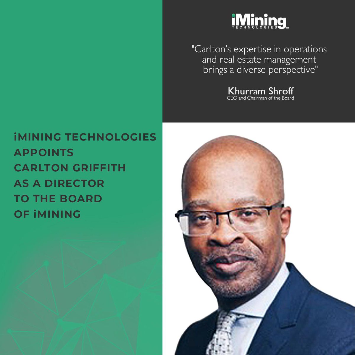 iMiningInc's tweet photo. Mr. Griffith is committed to helping organizations create efficient and #sustainable practices. His #diverse perspective will serve us well as we continue to implement our #growth strategy with the various businesses currently under the #iMining umbrella and #future #acquisitions https://t.co/Jm97wBXdIC