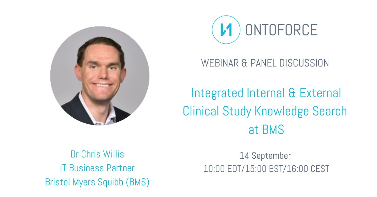 ONTOFORCE's tweet photo. #Webinar Dr Chris Willis, IT Partner at @BMSNews speaks about how he uses #DISQOVER by @Ontoforce to conduct #clinicalstudy knowledge search at #BMS. Join him on 14 September from 10:00 EDT. Sign-up here 👉 https://t.co/udQDu2Yegs https://t.co/tm3sSxPW94