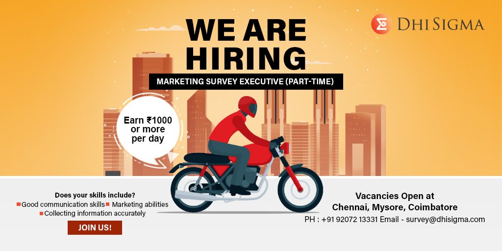 DhiSigma (@dhisigma) on Twitter photo We are looking for Marketing Survey Executive(part-time) with the skills of good communication, marketing abilities and accurate information collection.
PH : +91 92072 13331
Email - survey@dhisigma.com
#dhisigma #hiringnow #wanted #marketingopportunity #parttimejob We are looking for Marketing Survey Executive(part-time) with the skills of good communication, marketing abilities and accurate information collection.
PH : +91 92072 13331
Email - survey@dhisigma.com
#dhisigma #hiringnow #wanted #marketingopportunity #parttimejob