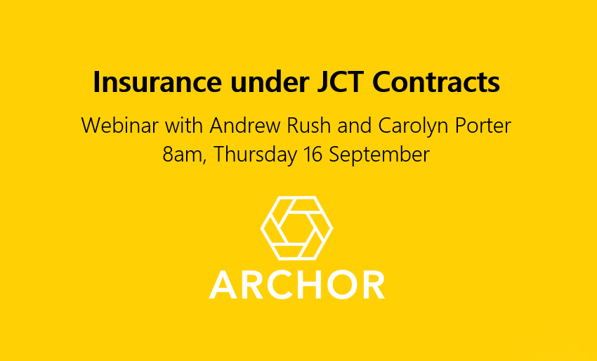 archorllp's tweet photo. We're hosting our first #webinar on 16 September - and we'd love to see you there. Topic is insurance provisions in @JCTContracts - a thorny issue but one that everyone using the JCT suite should know about. Book your free place here: https://t.co/KUxkTEb2FQ. https://t.co/vFlsohxPjn