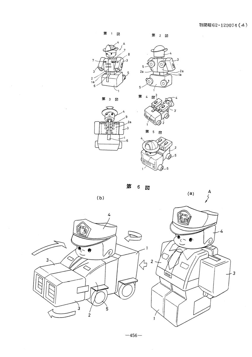タカラが1985年に特許出願
働く人が働く乗り物へ変形
揃いの人型から頭部そのままに変形する様はタートルズマシンミューテーションシリーズの簡易版ぽくて好き
店屋に変形するやつも背中のシンクがクール
たぶん商品化してると思うんだけど、特許から名前もわからない知育玩具系を探すのは難しい 
