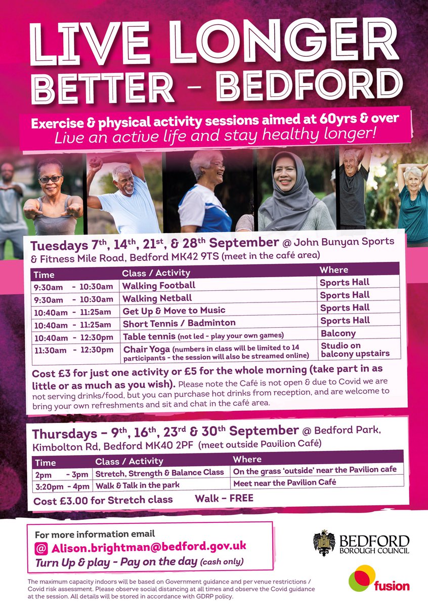 We are looking forward to re-starting some activity sessions “Live Longer Better - Bedford” sessions are aimed at people 60yrs &amp; over see flyer for details