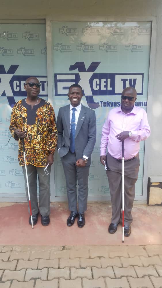 A group photo after the talk show program held at Excel Tv Uganda hosted by Captain Simoe Ssebakulu on the volume up. Topic: creating awareness for the upcoming white canes day celebrations for 2021.