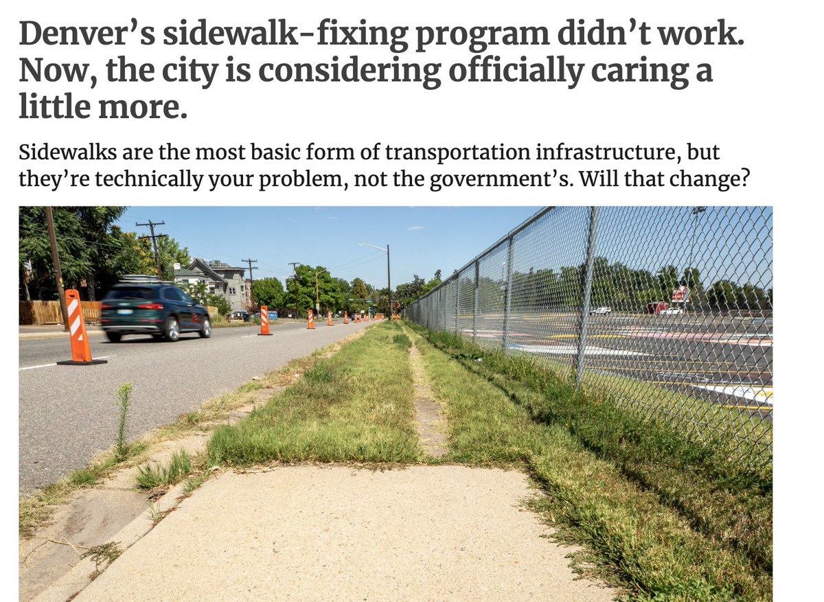 "If you report a pothole, the [city of Denver] promises to fix it within 3 days. If you report a broken sidewalk, it could take around 50 years to get fixed."

How is this equitable? Aligned with environmental goals?

Could ask the same of many US cities.
denverite.com/2021/08/25/den…