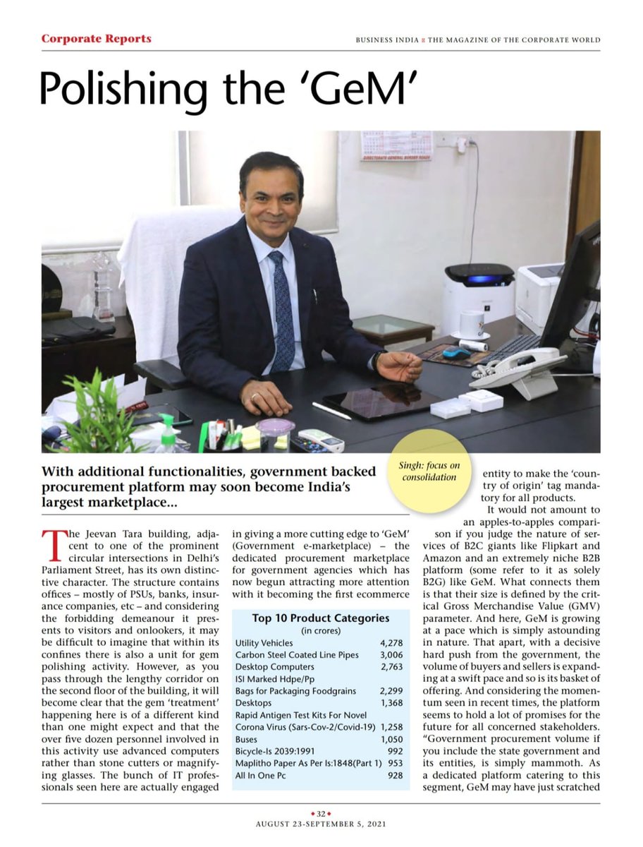 GeM_India's tweet photo. Have a glance at #BusinessIndia's special coverage on GeM, bringing all the latest updates from GeM, its transformational journey, the milestones, and the road ahead to revamp the digital procurement landscape in India from CEO, GeM, Shri PK Singh. https://t.co/j1U0jRLQPo