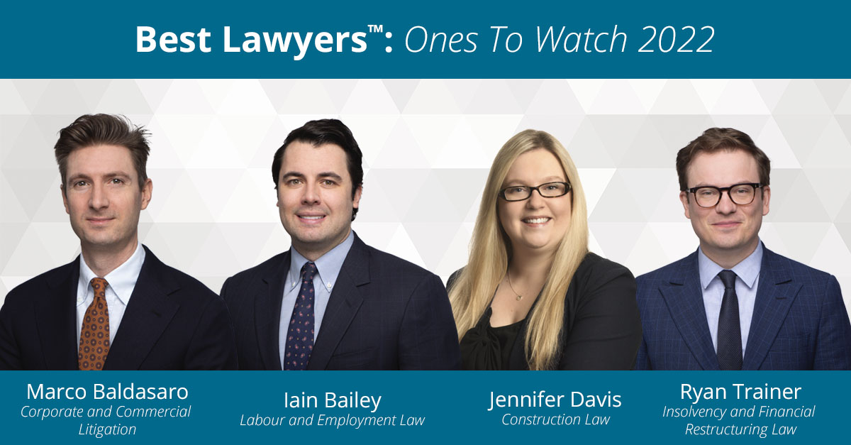We would like to congratulate our associates who have been named to the #BestLawyers in Canada "Ones to Watch" list for 2022! Congratulations to Iain Bailey, Marco Baldasaro, Jennifer Davis, and Ryan Trainer. Visit our website for details 👉 bit.ly/MROTW22 #MRoss