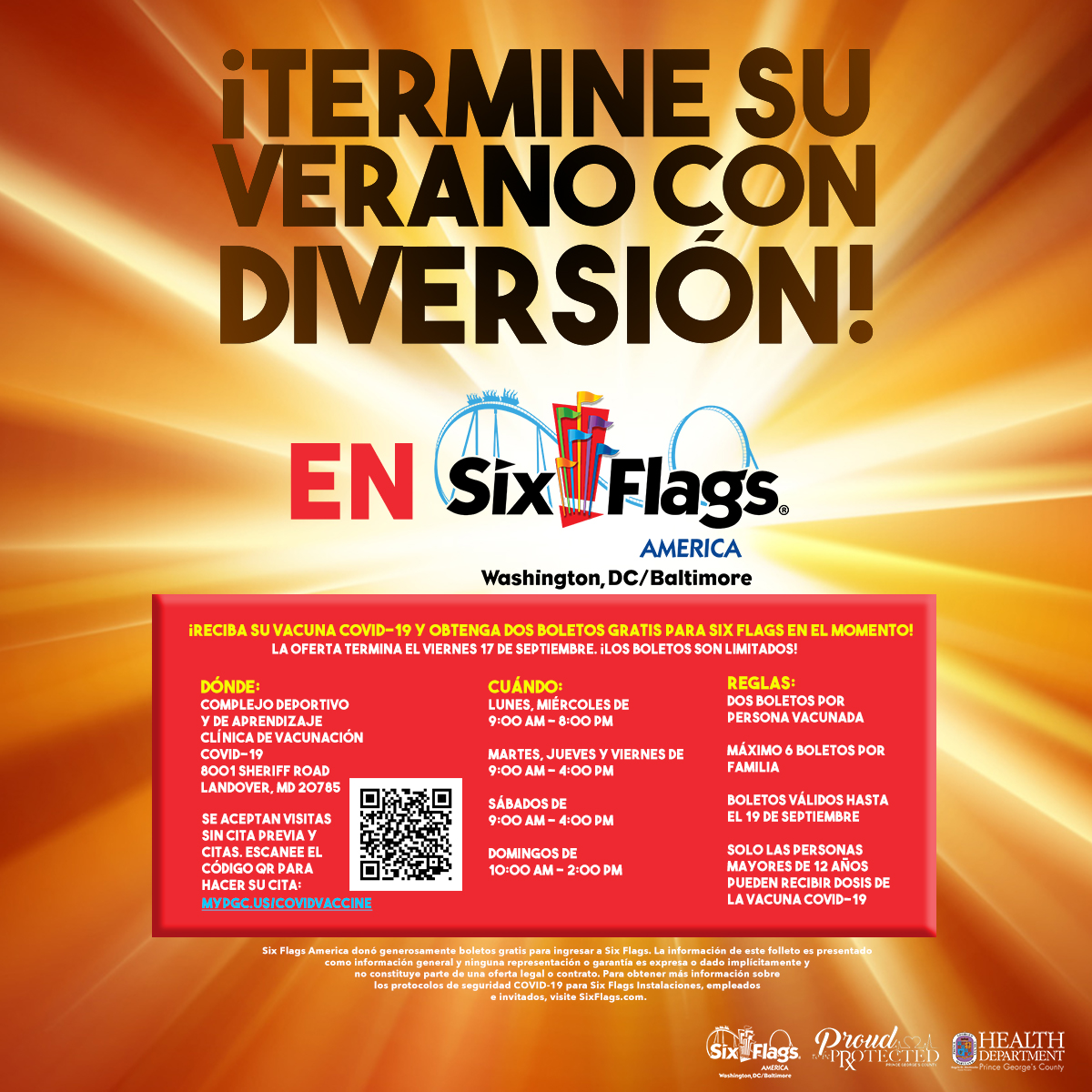 ¡Termine su verano con diversión en Six Flags! Los residentes del condado que reciban la vacuna COVID-19 en el Sports &amp; Learning Complex recibirán dos boletos gratis para Six Flags America. Esta oferta continuará hasta el viernes 17 de septiembre o hasta agotar las existencias.