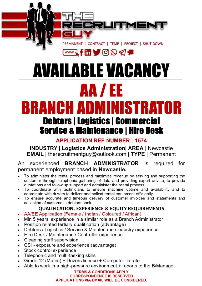 GuyRecruitment's tweet image. An experienced BRANCH ADMINISTRATOR is required for permanent employment based in Newcastle.
#TheRecruitmentGuy
#Newcastle
#BranchAdministrator
#Logistics
#Administration
#Commercial
