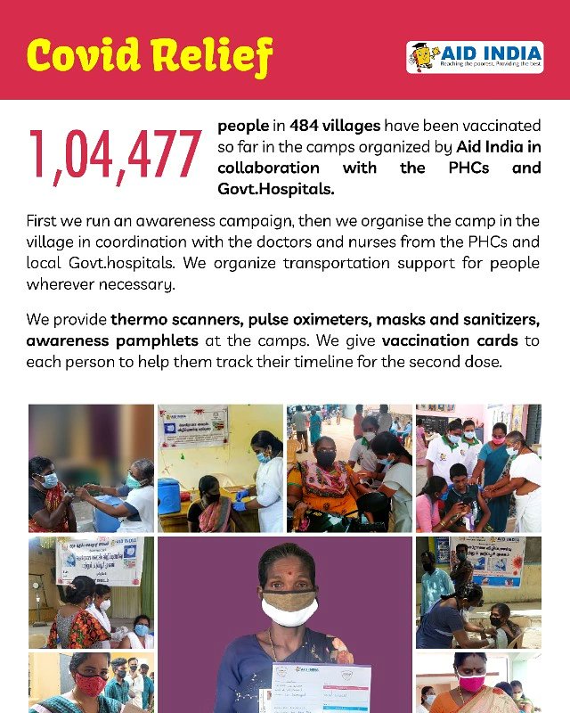 AidIndia4's tweet photo. Aid India team has been working with Govt Hospitals &amp; PHCs and vaccinated 1,04,477 people in 484 villages.Given vaccine card and are tracking them to ensure they get the second dose as well. 

Amazing efforts by doctors, nurses &amp; our local field team. 

#AidIndiaCovidvaccination https://t.co/TGKyQBk53O