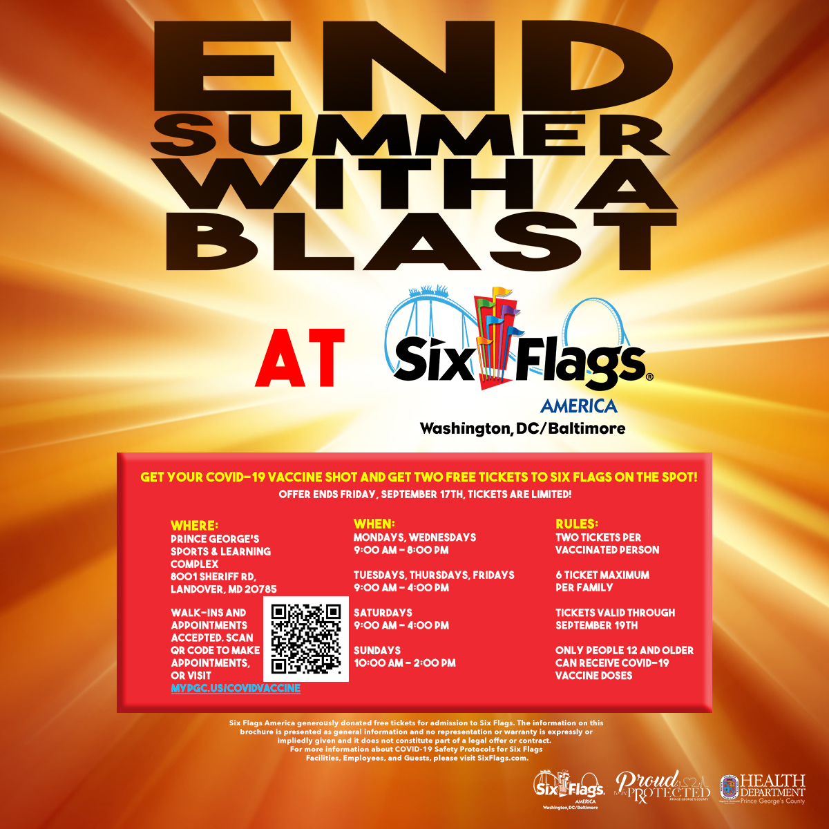 End summer with a blast at Six Flags! County residents who get a COVID-19 vaccine at the Sports &amp; Learning Complex will receive two free tickets to Six Flags America. This offer will continue through Friday, September 17, or while supplies last. #ProudtobeProtected