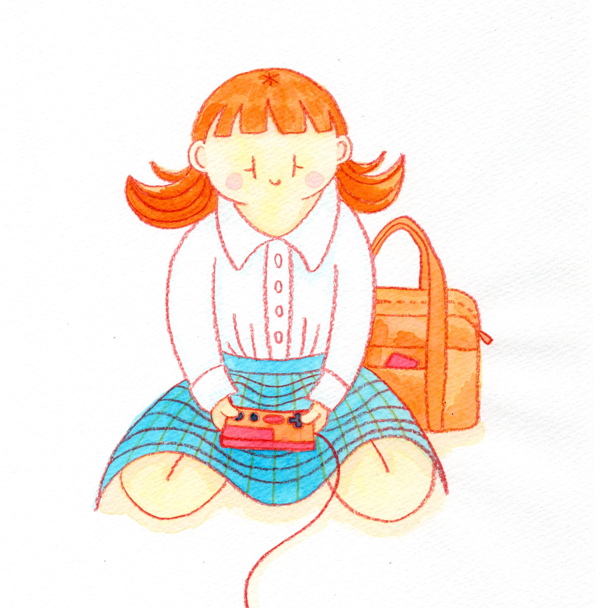 こち 家帰ったら すぐゲーム ピコピコ 色鉛筆 色えんぴつ 万年筆インク イラスト いらすと お絵描き おえかき アナログイラスト あなろぐいらすと ほんわかイラスト ゆるいイラスト 女の子イラスト ゲーム ゲーム機 ファミコン あぐら
