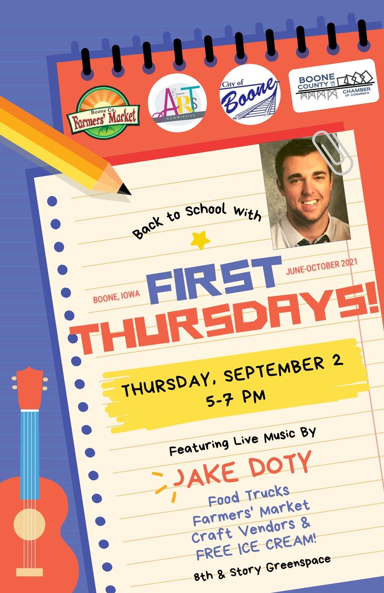 boonechamber's tweet photo. First Thursdays! is back in just one week! Come together in downtown Boone for Back to School Night featuring🎤 live music by Mr. Jake Doty, 🌭food trucks, 🛍 craft vendors, the 🍅 Boone Farmers' Market and free 🍦 ice cream treats! 

https://t.co/nwmNHJlCPB https://t.co/wUnLcoI2bt