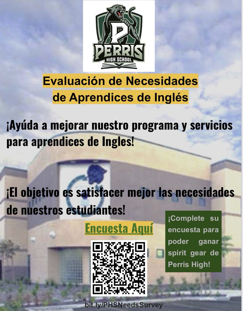 nmcarrillo21's tweet image. .@PerrisHigh Complete our EL Needs Assessment! Your feedback is valuable!/ Llene su Evaluación de Necesidades de Aprendices de Inglés! Sus comentarios son valiosos! bit.ly/PHSNeedsSurvey @ThePtownway @jdevicente