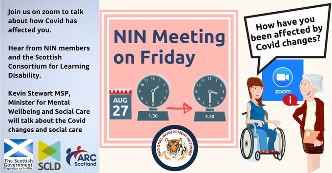 ARCScotlandNIN's tweet image. The next big NIN meeting is on Friday 27th August, 
1.30-3.30.  
Join us on Zoom to talk about how Covid has affected you?
We will be joined by Kevin Stewart MSP, Minister for Mental Wellbeing and Social Care. He will give a short talk and answer some questions