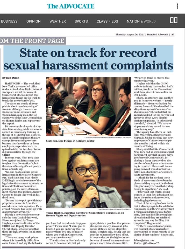 No one should ever have to suffer through sexual harassment. Contact CT.Gov/CHRO for assistance