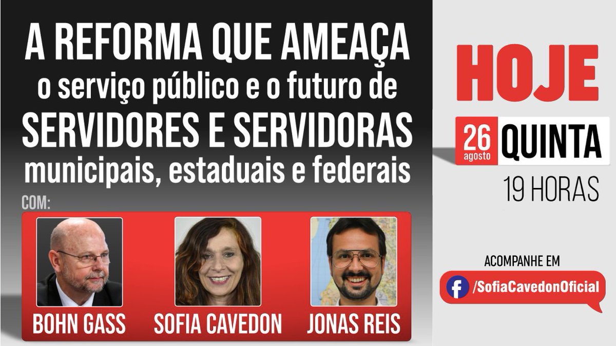 sofiacavedonPT's tweet photo. HOJE (26/8) às 19h!
Não perca a nossa conversa com o líder da bancada na câmara federal @BohnGass e o vereador @jonastreis sobre a tentativa de desmonte completo do serviço público. Vamos resistir a esse ataque nefasto do governo Bolsonaro. 
 #redesdelutadasofia #PEC32Não https://t.co/5FrQmk3FaE