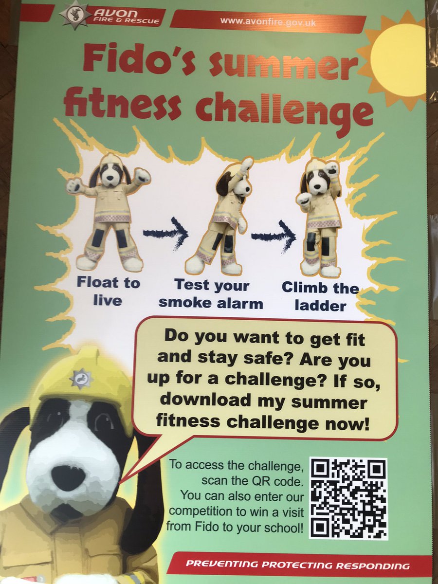 AFRSPatchway's tweet image. Do you live near Patchway station?
If you come along and find our poster you can scan the QR code to get a sneak peak of Fido’s Fire Fit Challenge video. You can also enter our competition to win a school visit from Fido and @afrscyp next term!