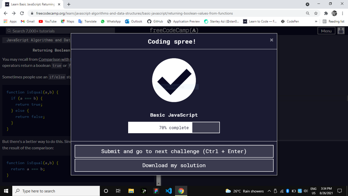 StanleyAzi's tweet photo. Still on Day29 of #100DaysOfCode
I'm now 70% to the completion of basic #javascript on #freeCodeCam.
Love to code❤️
#js #code #css #html #webdevelopment #webdev #CodeNewbie https://t.co/SHiLp5KGXl