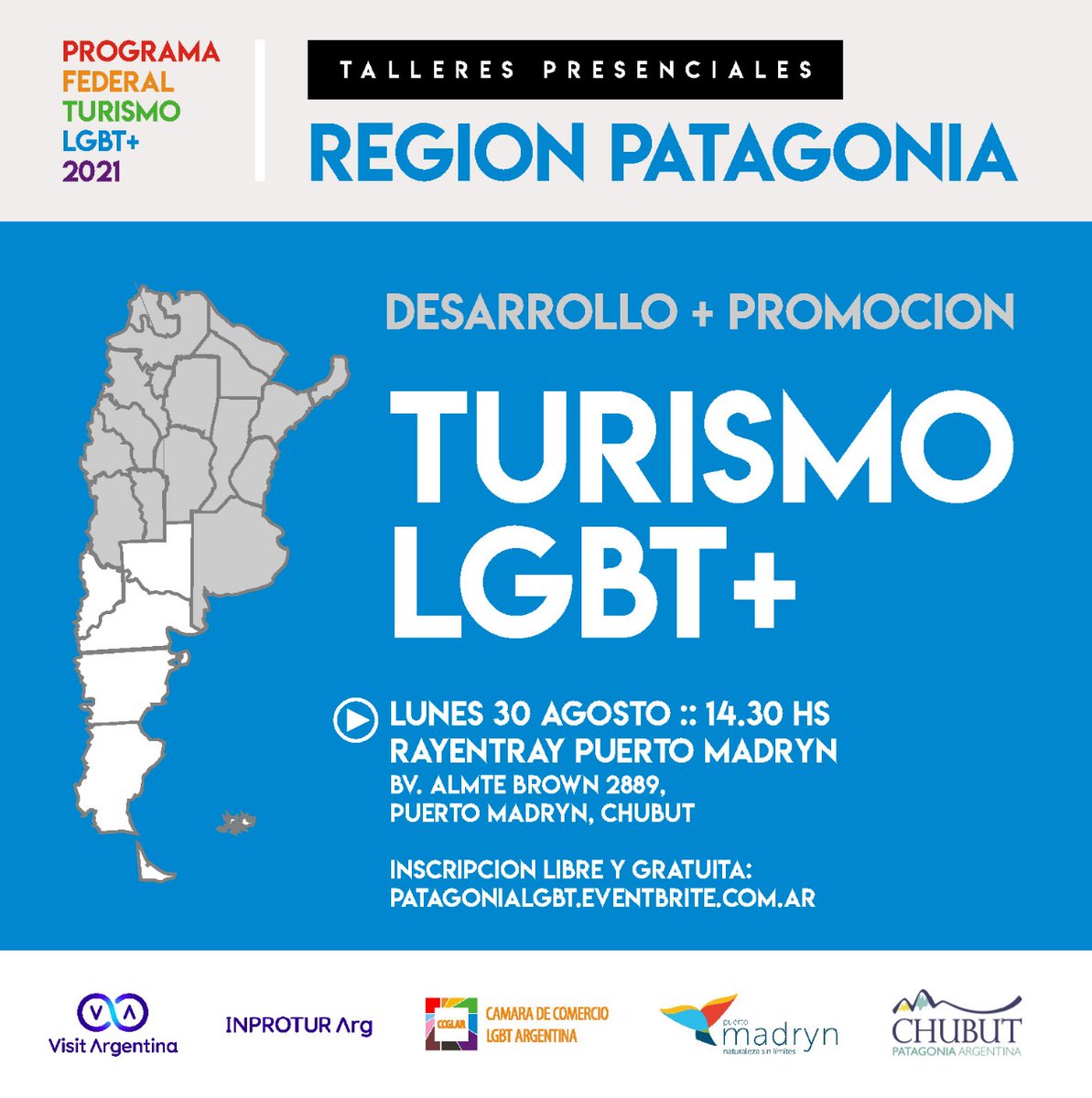 📌Agendá! 
Lunes 30 agosto | 14:30 hs • Pto #Madryn #Chubut 

🔹Jornada sobre el desarrollo del #TurismoLGBTQ+ en #Argentina para Prestadores/as Turísticos 

👉Inscripciones en ⤵️ patagonialgbt.eventbrite.com.ar
👉Más info y detalles: bit.ly/3j4HUNe