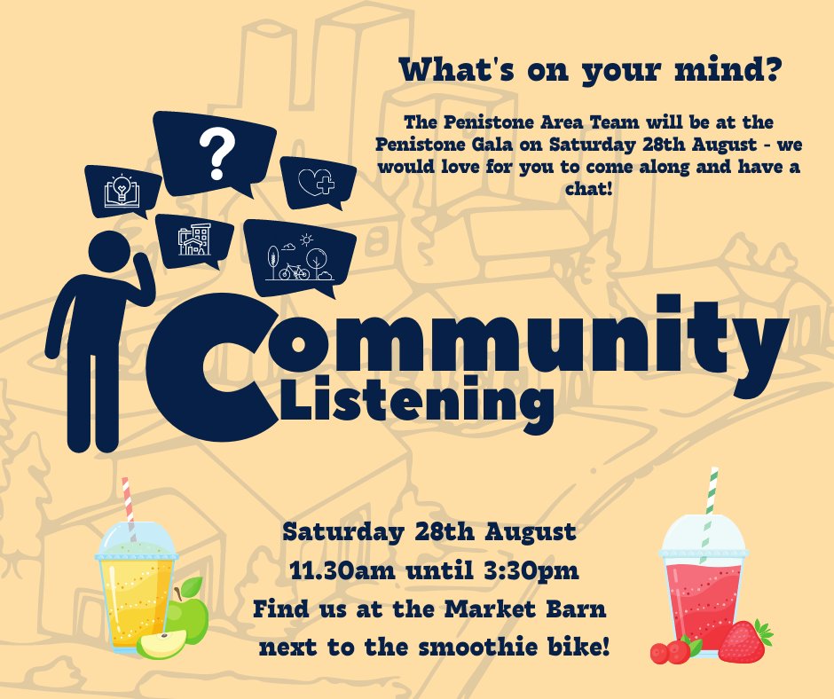The Penistone Area Team were on the <a href="/TPT_National/">Trans Pennine Trail</a>  today! If you missed us we'll be <a href="/PenistoneGala/">Penistone Gala</a> on Saturday join us and grab a smoothie!

Or take part in the Community Listening project here surveys.barnsley.gov.uk/s/ComListen/