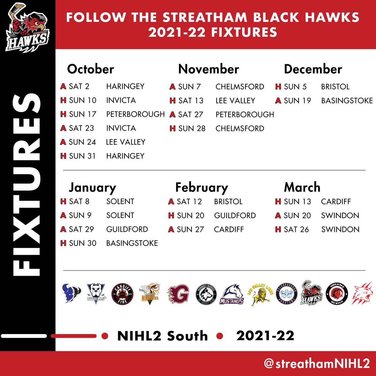 StreathamNIHL2's tweet photo. Our fixtures are out! The first game of the season will be at Alexandra Palace against the Haringey Huskies, October 2nd.

Stay tuned on our social media pages for further roster updates. https://t.co/58YXCCKm3P