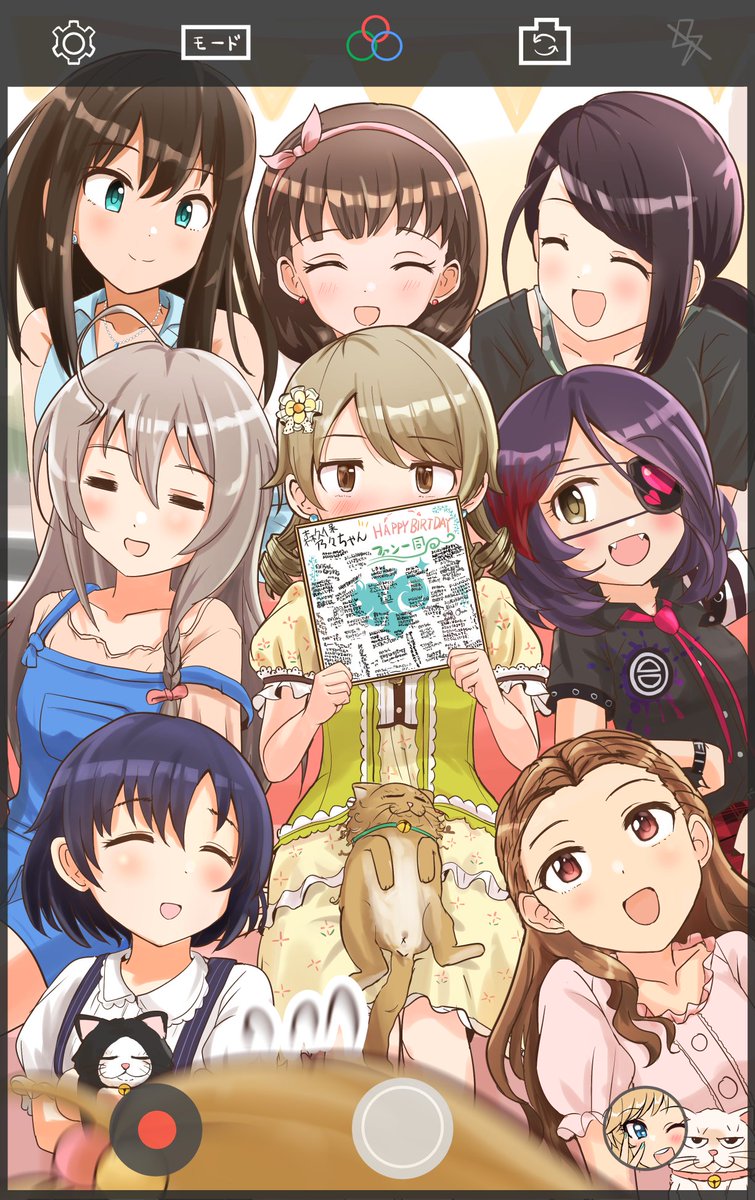 hayasaka mirei ,hoshi syoko ,morikubo nono ,sakuma mayu ,shibuya rin multiple girls 6+girls closed eyes brown hair eyepatch purple hair smile  illustration images