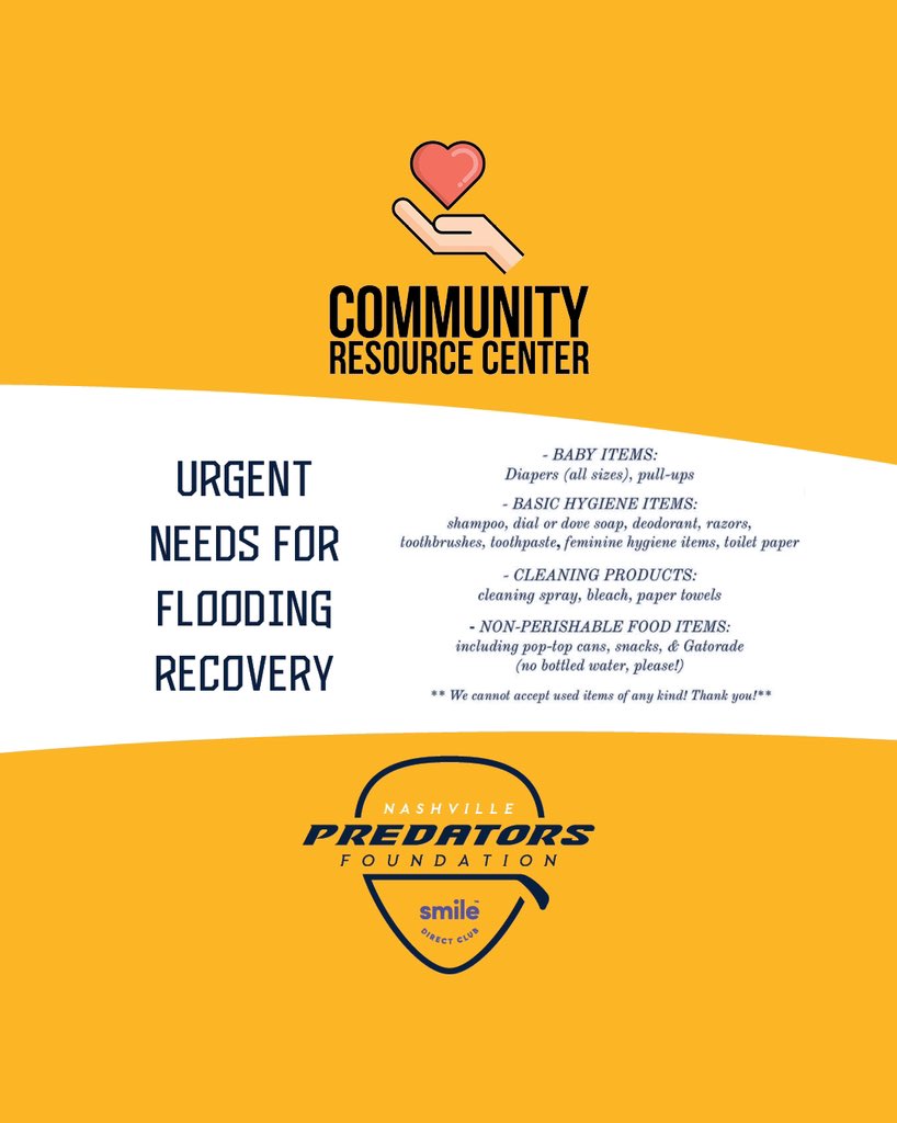 PredsNHL's tweet photo. SMASHVILLE, we need YOU! 

We are collecting donations for Waverly at both @FordIceCenter rinks through Sunday, 8/29! Donation bins are inside the main doors. https://t.co/h2polzMhzc