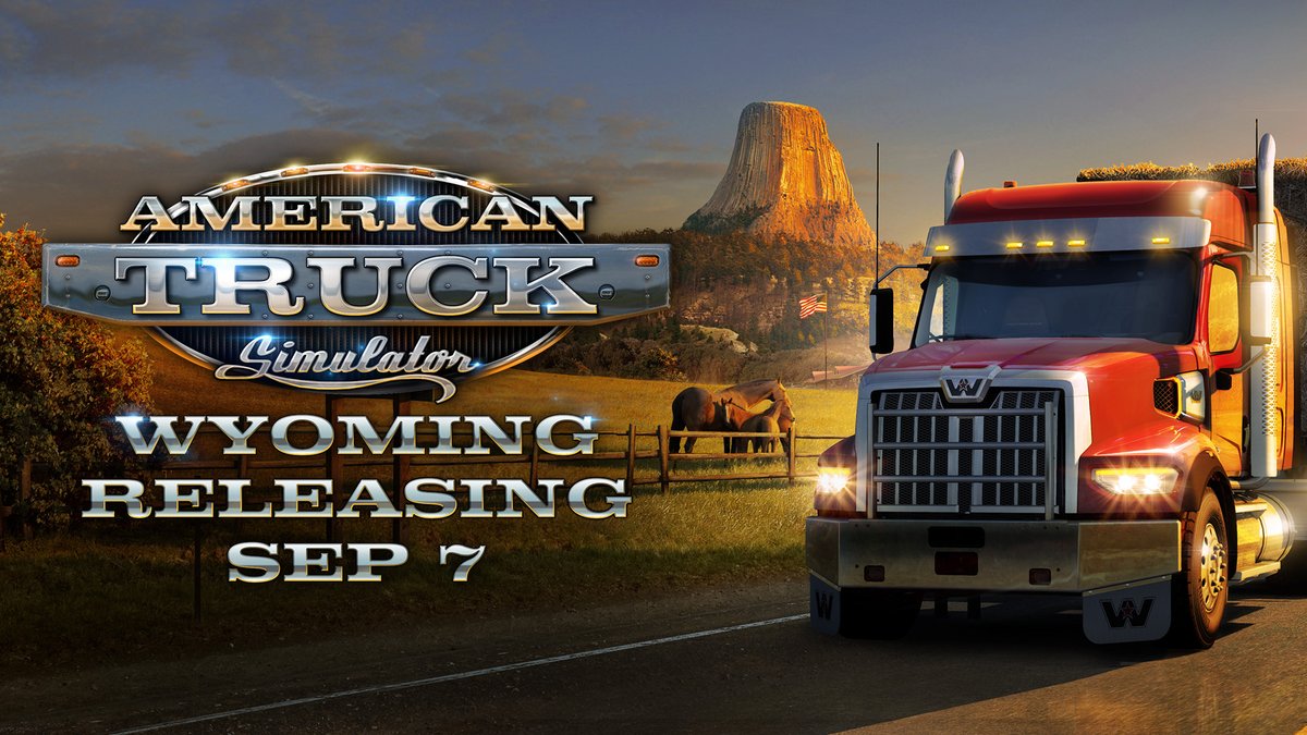 SCSsoftware's tweet image. Wyoming for American Truck Simulator will be released on September 7th 🇺🇸🚛

That's it, that's the tweet. 

Release info, the official trailer &amp;amp; more at our latest blogpost: blog.scssoft.com/2021/08/wyomin…