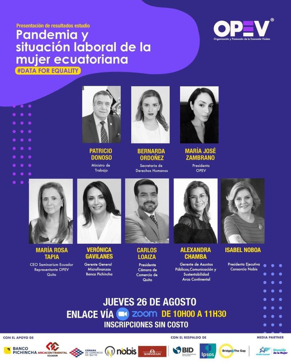 📌AHORA | La Secretaria <a href="/BernardaOM/">Bernarda Ordóñez Moscoso</a>, junto a expertos, participa en la presentación de resultados del estudio “Pandemia y situación laboral de la mujer ecuatoriana”, organizada por la <a href="/OpevVioleta/">OPEV - Economia Violeta®</a>.
 
Te invitamos a unirte en este link: bit.ly/2WeOWpW.