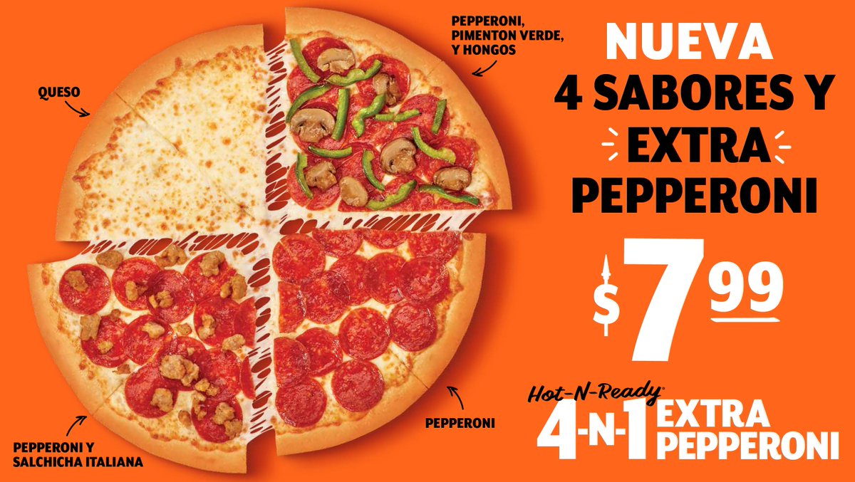 ¿Te gustan todos? Ya está lista tu Nueva 4-N-1 EXTRA PEPPERONI😍Una pizza familiar de 4 Sabores y EXTRA Pepperoni con: 2 rebanadas con extra pepperoni y salchicha italiana, 2 con extra pepperoni, hongos y pimentón verde, 2 con extra pepperoni y 2 de queso #pizza #panama #familia