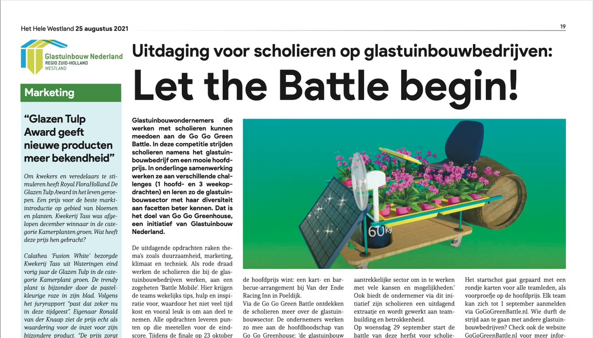 "Uitdaging voor scholieren op glastuinbouwbedrijven:
Let the Battle begin!" en meer #glastuinbouw nieuws op onze wekelijkse pagina in @hethelewestland. Nieuwsgierig geworden? Lees mee via: bit.ly/3yjY6yq