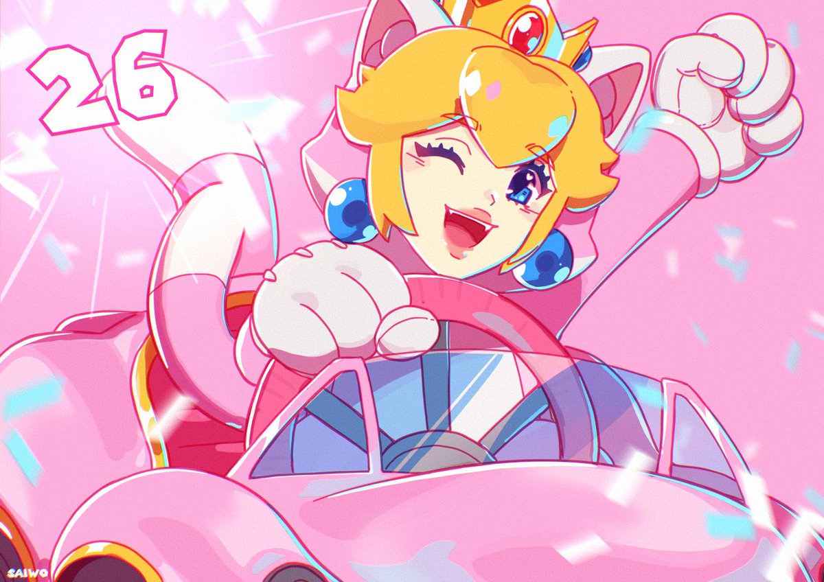 princess peach 1girl one eye closed blonde hair smile blue eyes solo open mouth  illustration images