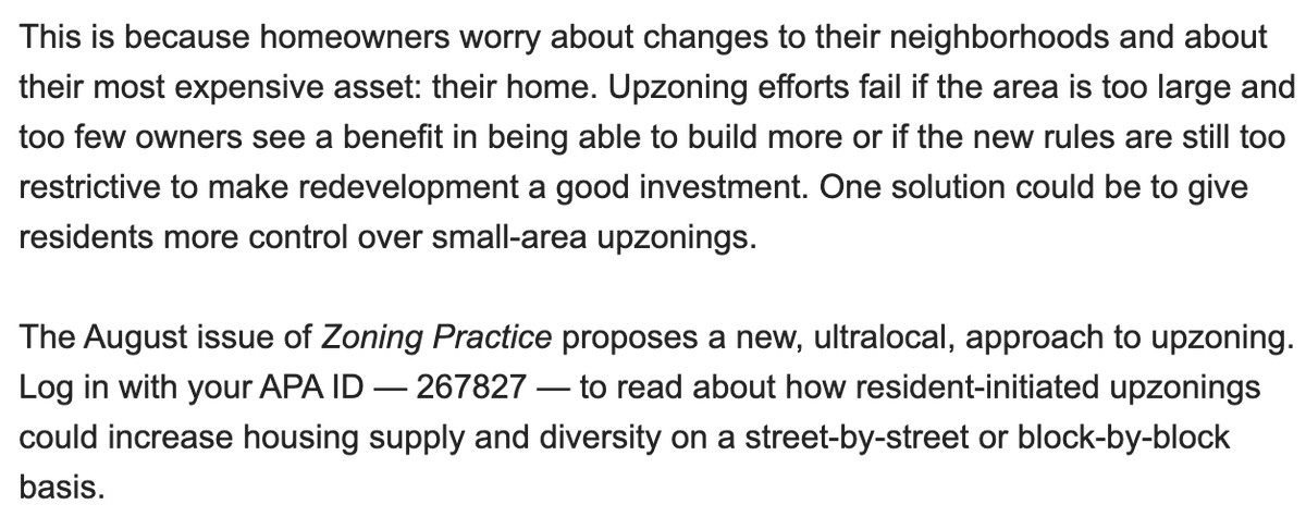 This, from APA's Zoning Practice newsletter, is so...weird? High-level it's good—APA basically endorses upzoning, and I actually have no problem with a limited application of the ultralocal approach—but 'efforts fail if the area is too large' is disproven by, uh, Oregon.