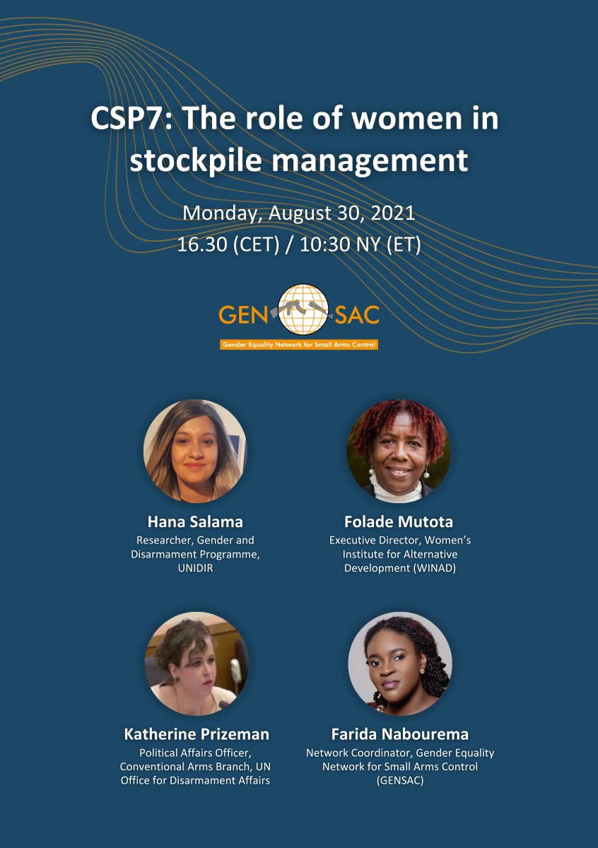 Sdg16Gensac's tweet photo. GENSAC is holding a side event during the Seventh Conference of States Parties to the Arms Trade Treaty #ATT. Please register to attend our discussion session on "The Role of Women in Stockpile management".
https://t.co/y8TNCcpGQx
#bulletproofinclusion #gensac #ATT #CSP7 https://t.co/qks75E00On